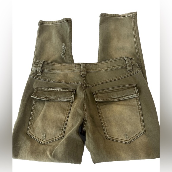 FREE PEOPLE Green Distressed Faded Straight Leg Jeans Exposed Buttons Sz 0 32x28 - Picture 5 of 8